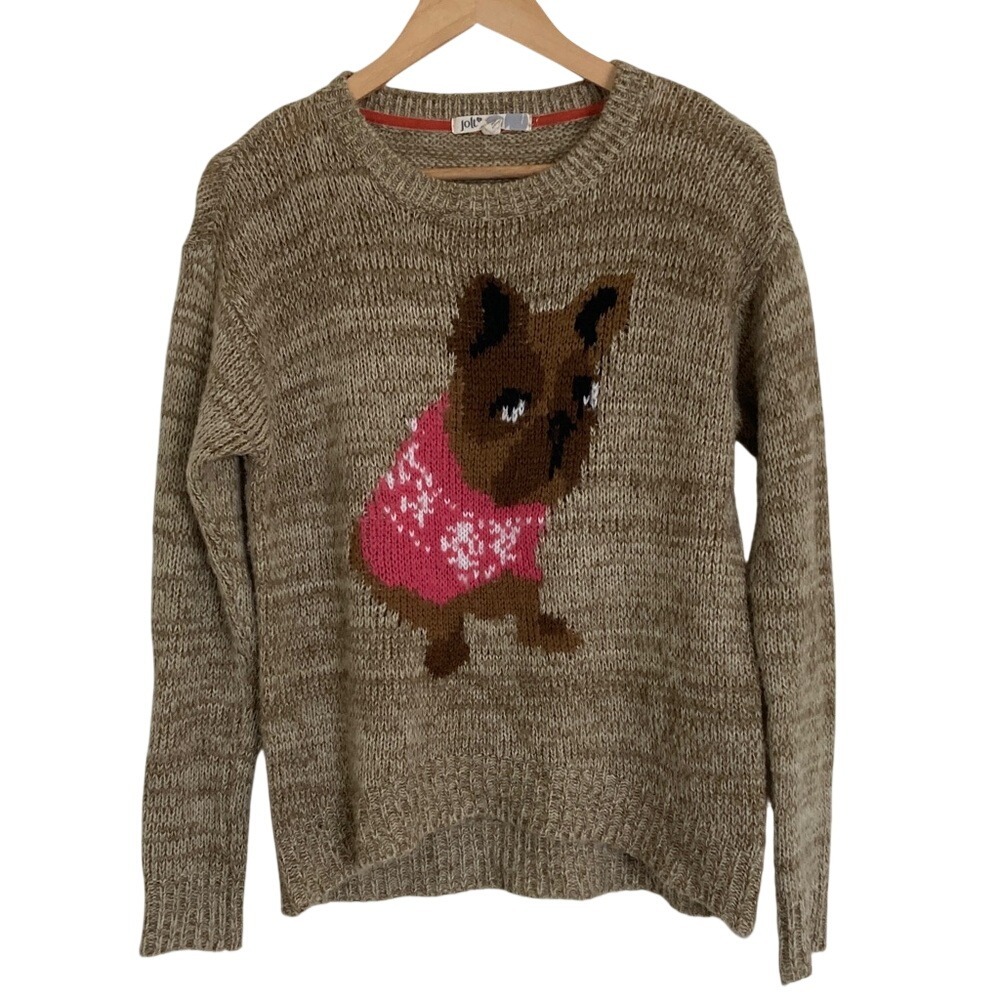 Jolt‎ Womens Tan French Bulldog Long Sleeve Sweater Size Medium Novelty Dog